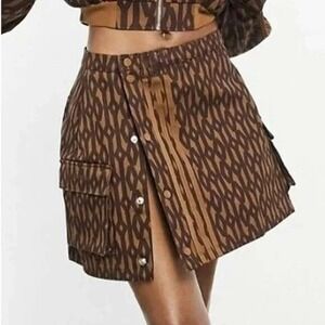 Patterned Brown Cargo Mini Skirt with Front Snap Detail